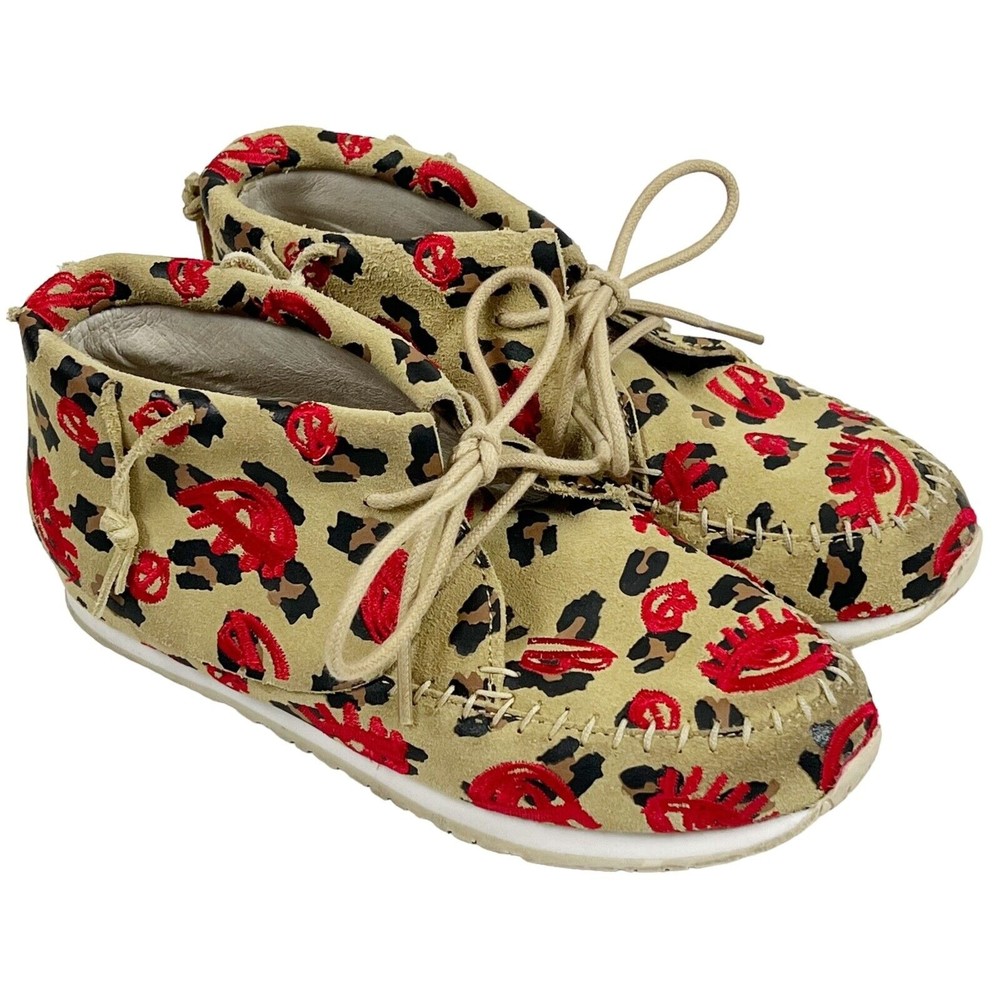 AKID Big Girls 4Y Leather Moccasin Booties Leopard Tan  with Red Embroidery